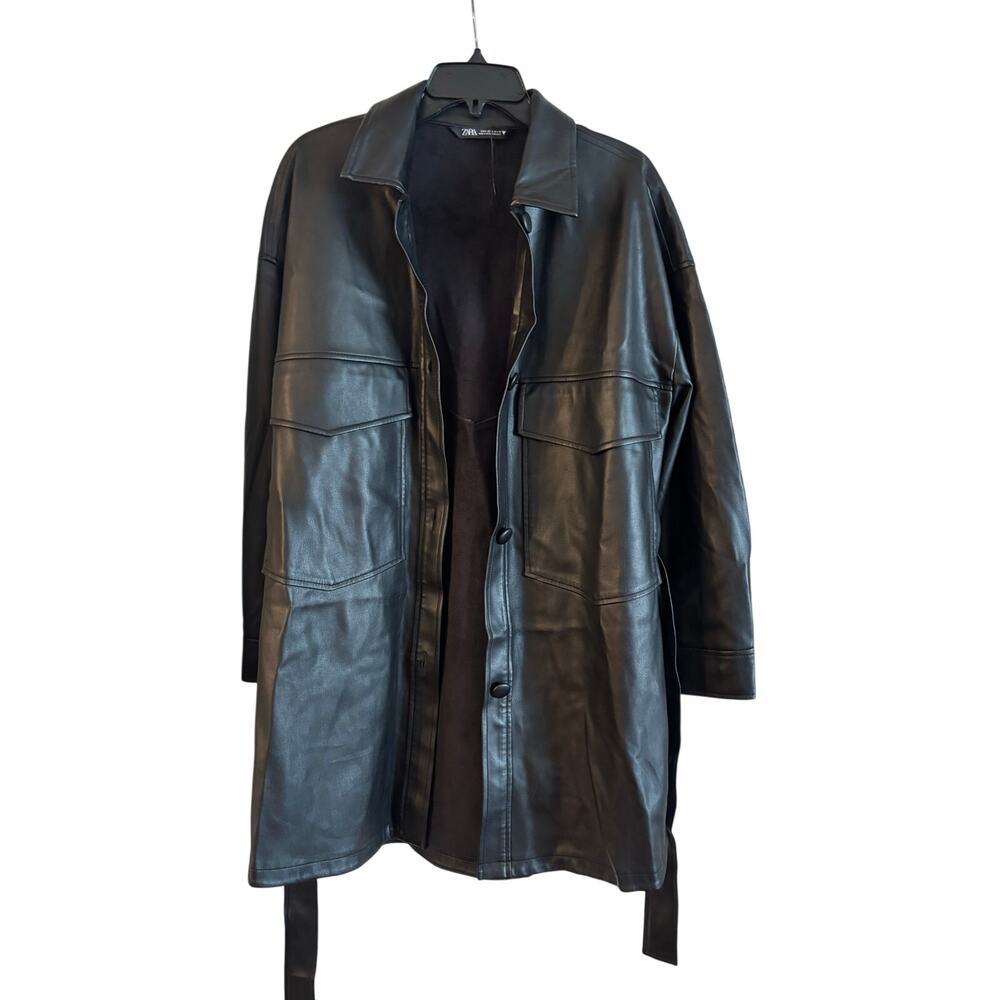 ZARA  Women’s Long Faux Black Leather Jacket Size Medium Length 35” With Belt